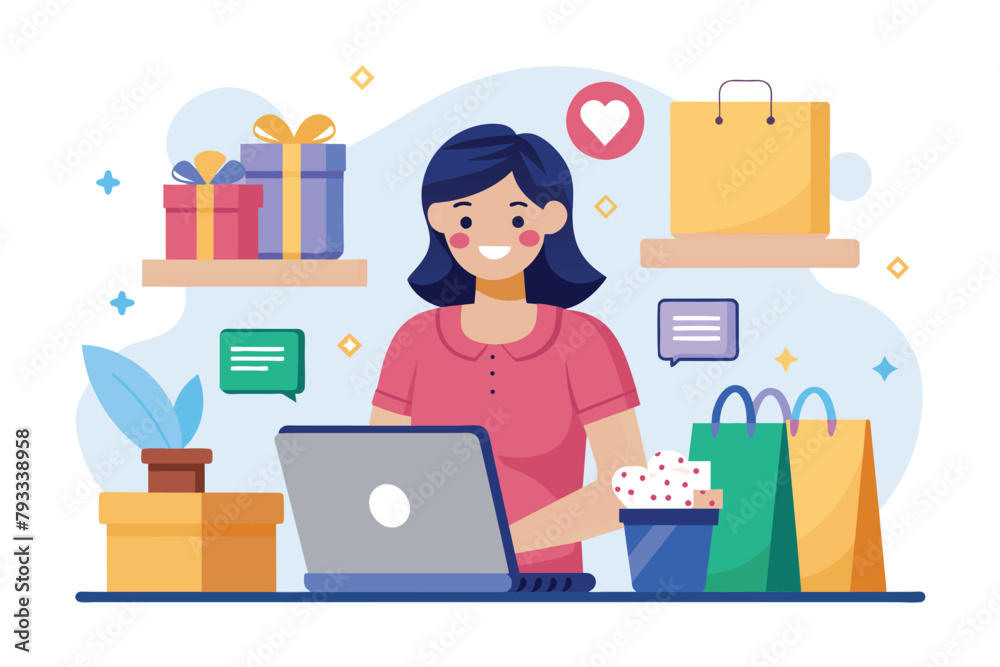 Poster A woman sitting in front of a laptop computer, shopping online for promotional items, woman buying promotional items online, Simple and minimalist flat Vector Illustration