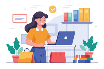 Fototapeta premium Woman Standing in Front of a Laptop Computer, woman buying goods in shop online transfer, Simple and minimalist flat Vector Illustration
