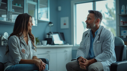 A male healthcare professional and a female patient coordinator conversing in a clinic office.