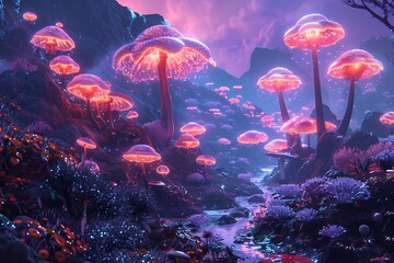 Fototapeta na wymiar A colorful, glowing forest with many pink and purple mushrooms