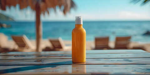 Fototapeta premium Yellow sunscreen bottle on table, blurred beach background 