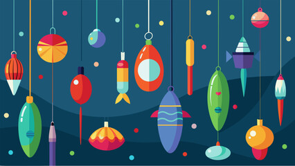 An array of colorful fishing lures and bobbers hung from the ceiling adding to the festive atmosphere. - obrazy, fototapety, plakaty