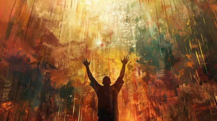 Artwork of a man raising hands in worship - obrazy, fototapety, plakaty