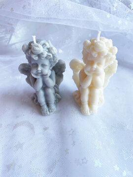 Two baby angels - Grey and white, natural soy wax candles