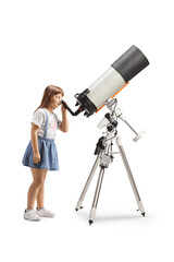 Girl observing the planets and stars with a telescope