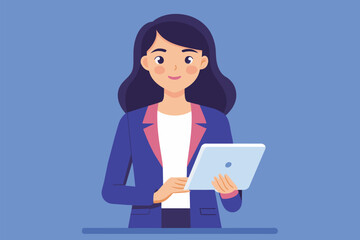 A woman holding a laptop computer in her hands, Woman holding tablet Business target, Simple and minimalist flat Vector Illustration