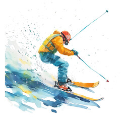 Minimalistic watercolor illustration of alpine skiing on a white background, cute and comical.