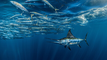  Vue sous-marine d'un espadon en train de chasser dans un banc de sardine  