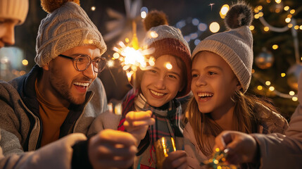 joyful family celebration at home during a New Year's Eve countdown