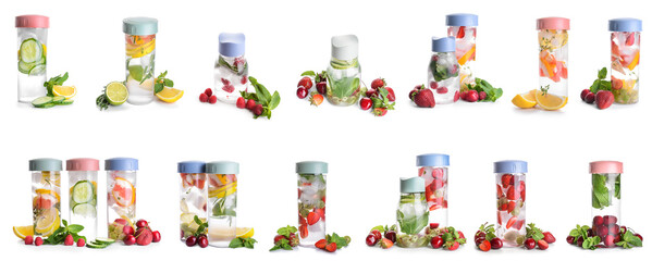 Collage of bottles of cold infused water on white background