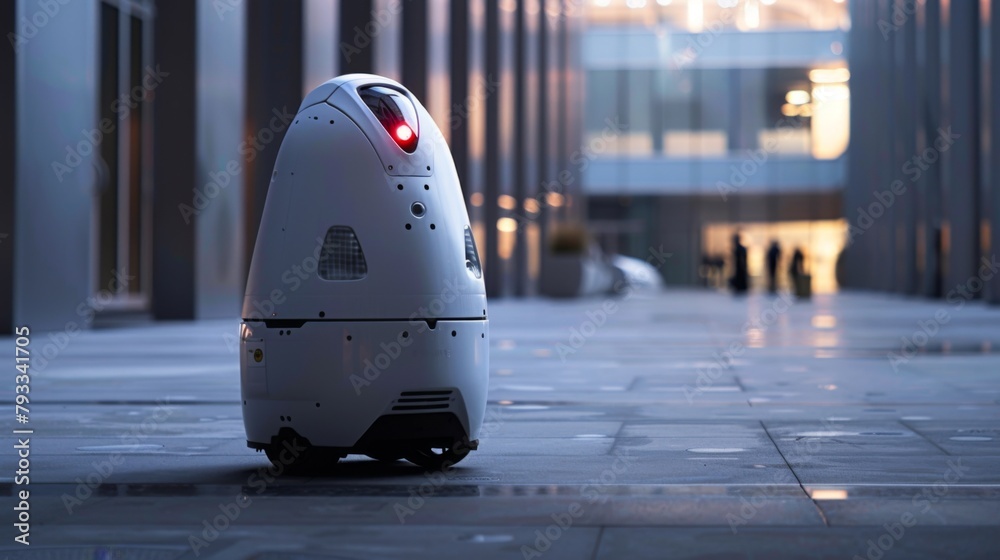 Poster white robot sitting on tiled floor