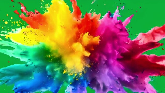 Dynamic explosion colored powder against green screen chromakey background. Abstract backdrop with paint cloud