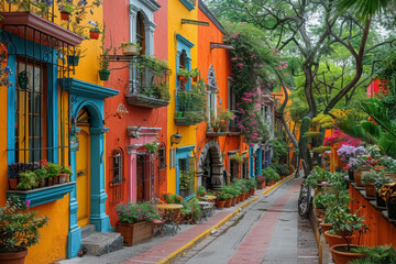 colorful street with vibrant houses, lush greenery, and cobblestone path in a picturesque neighborhood