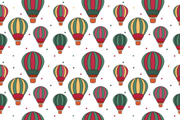 Seamless pattern, vector wallpaper with hot air balloon outline, drawing, doodle balloons. Bright, colorful air balloon on white background with polka dots. Suitable for fabric, children's room