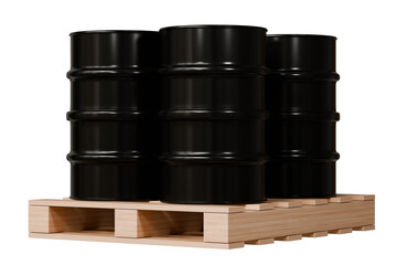 3d Black Oil barrels on wood pallet icon isolated on white background. Dynamics of world oil prices. Oil prices Trading on stock exchange. business investment oil concept. Minimal gasoline. 3d render