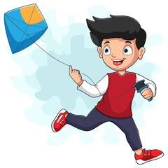 Cartoon happy little boy playing a kite