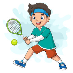 Cartoon little boy playing tennis