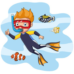 Cartoon little boy diving in underwater with tropical fish