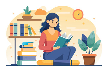 A woman sitting on the floor engrossed in reading a book, woman preparing for exam by reading book, Simple and minimalist flat Vector Illustration
