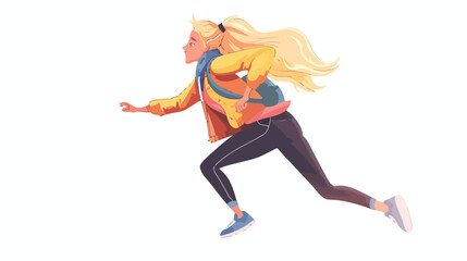 Blonde young woman in trendy clothes running fast. 