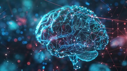 Digital blue AI brain on polygonal connection background. Artificial intelligence and innovate concept. 3D Rendering. Artificial Intelligence. Digital illustration of brain in colour background