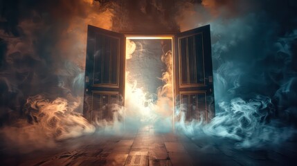 Choosing path. Two doors with smoke and light. Life's choice concept