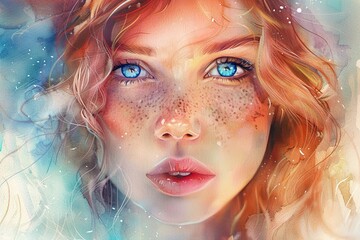 Portrait of a beautiful woman with blue eyes and red hair, freckles on her cheeks