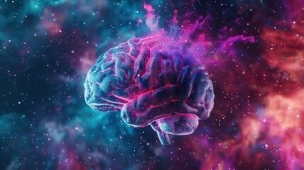 Digital blue AI brain on polygonal connection background. Artificial intelligence and innovate concept. 3D Rendering. Artificial Intelligence. Digital illustration of brain in colour background