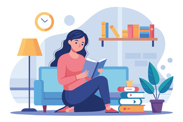 A woman seated on a couch, engrossed in reading a book at home, woman reading a book at home, Simple and minimalist flat Vector Illustration