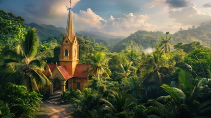 Church in a tropical forest - obrazy, fototapety, plakaty
