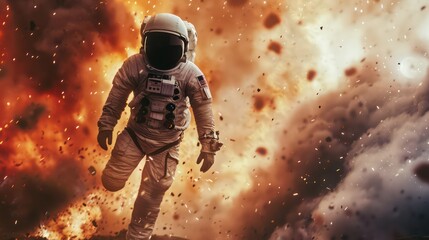 Fototapeta premium Astronaut floating in space in front of exploding sun. 3D rendering