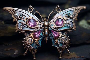 Steampunk Butterfly with Colorful Iridescent Wings