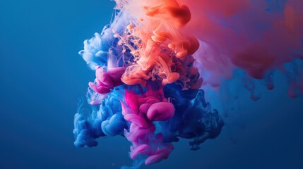 3d illustration. Colorful cloud of ink in water on a dark blue background - obrazy, fototapety, plakaty