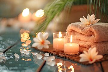 A serene spa setting featuring rolled towels, a blooming orchid, lit candles, and a bowl of salt, evoking a sense of relaxation and luxury. - Powered by Adobe