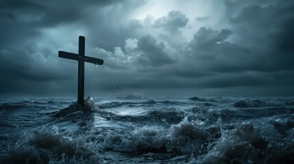 Cross in the sea with stormy sky - obrazy, fototapety, plakaty