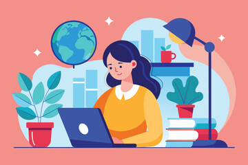 Fototapeta premium A woman is sitting at a desk, using a laptop and reading a book with a globe on the side, Woman reading book computer and globe, Simple and minimalist flat Vector Illustration