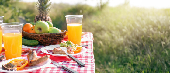 Tasty food on table outdoors. Summer picnic
