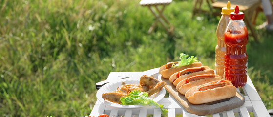 Tasty hot dogs and plate with grilled chicken wings on table outdoors. Summer picnic