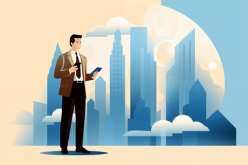 Business graphic vector modern style illustration of a business person in a workplace environment with a connected digital device phone tablet communicating browsing presenting keynote results