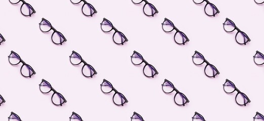 Many stylish glasses on lilac background. Pattern for design