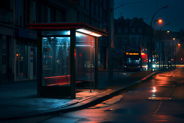 Realistic urban scene with a bus stop on a busy street