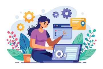 A woman focused on website management sits in front of a laptop computer, working on repairs, woman repairing website management concept web service, Simple and minimalist flat Vector Illustration
