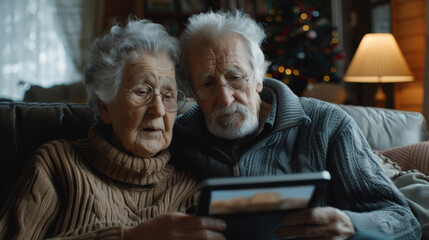 Elderly couple seated together looking at a tablet with a look of surprise, with a Christmas tree in the background.