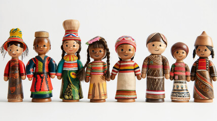 Collection of wooden dolls dressed in various traditional outfits, representing multicultural diversity. - obrazy, fototapety, plakaty