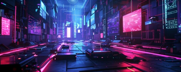 Neon-lit cyberpunk city with holograms and advanced technology
