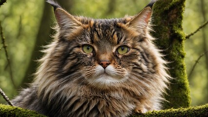 Dans une forêt, un superbe chat tigré de type Maine Coon savoure le moment présent sur une branche remplie de mousse, sa silhouette imposante et son regard vif témoignent de sa beauté majestueuse.