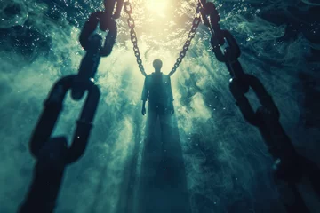 Foto op Plexiglas surreal underwater scene with figure shackled by chains in the ocean depths, journalists freedom day © Belho Med