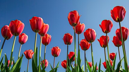 Fototapeta premium The vibrant red tulips stand out against the backdrop of the clear blue sky