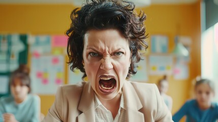 Educational concept theme, portrait of the angry teacher woman yells at students emotionally expressing dissatisfaction about the performance of the group class team