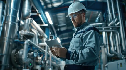 Engineer inspecting machinery with digital tablet